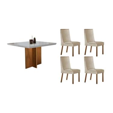 Imagem de Sala Jantar Mesa Berlim Tampo Curvo 90cm+4 Cadeiras Dakota Madeira Naturale - Capuccino/Suede Creme - Rufato