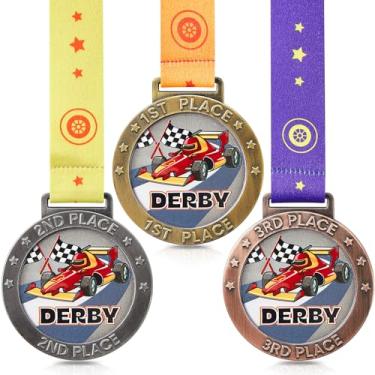 Imagem de Loetere 12 peças medalha de prêmio 1º 2º 3º lugar troféu com fita ouro prata bronze troféu para torneios jogos de campo família (Derby Race Car)