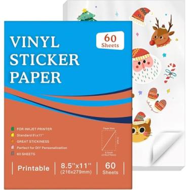Imagem de 60 folhas de papel adesivo de vinil imprimível premium para impressora a jato de tinta, branco brilhante à prova d'água, seca rapidamente, cores vivas, resistente a rasgos, papel adesivo de vinil a