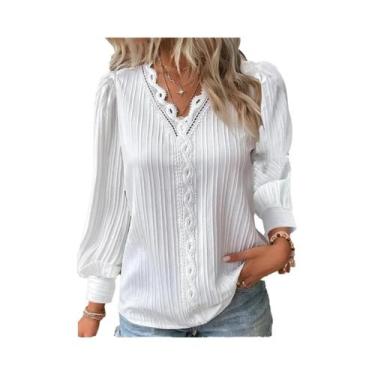 Imagem de Blusa Feminina Elegante Com Decote Em V, Manga Longa, Detalhes Em Rend