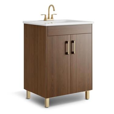 Imagem de phiestina Vaidade de banheiro pequena de nogueira de 61 cm, vaidade de armazenamento de banheiro totalmente pré-montada com pia de cerâmica, 2 portas macias, torneira não incluída, BV01-WALNUT-JH