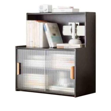 Imagem de Estante para armazenamento de livros, estante preta com divisórias ajustáveis, com organizador de porta deslizante de plástico, para sala de estar, escritório, estante de estudo, prateleira de livros