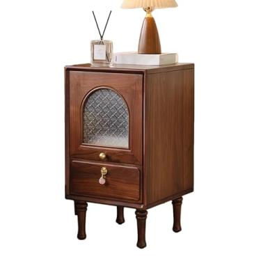 Imagem de Mesa de cabeceira de nogueira, mesa de cabeceira de madeira maciça com armário de armazenamento aberto, mesa de canto com gavetas, moderno de meados do século, design de coluna romana, para quarto
