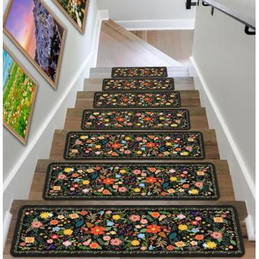 Imagem de Passos de escada florais pretos para degraus de madeira antiderrapante 20 cm x 76 cm tapete de escada preto suporte de borracha corredor de escada lavável reutilizável tapetes de escada de segurança