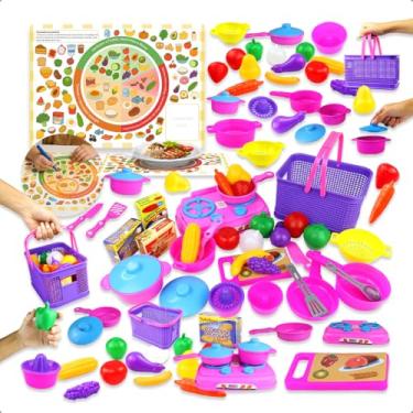Imagem de Kit Cozinha Infantil Educativo 32 Itens com Fogão Panelas Frutas e Cestinha para Brincar Desenvolve Coordenação Motora Imaginação e Aprendizado Lúdico