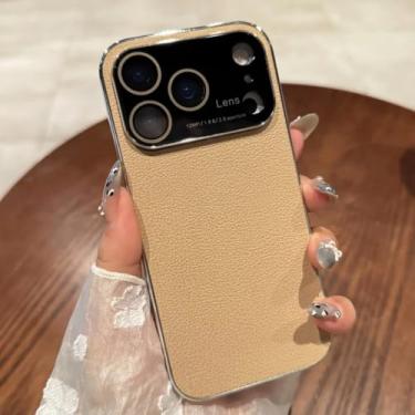 Imagem de SFDSUH Capa protetora com janela grande de vidro e textura de lichia para iPhone 14 Plus (para iPhone 14 Plus/Cáqui)