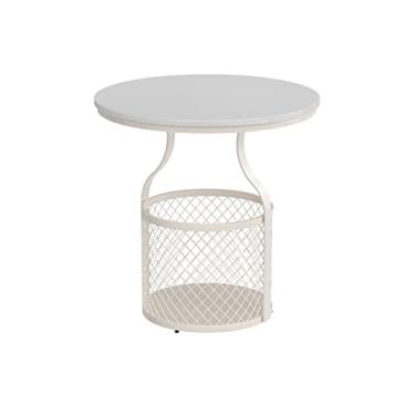 Imagem de Mesa lateral moderna de 2 níveis, mesa de canto redonda de metal pequena mesa de cabeceira com cesta de armazenamento para quarto, sala de estar, espaços pequenos, cabeceira, branca, simples