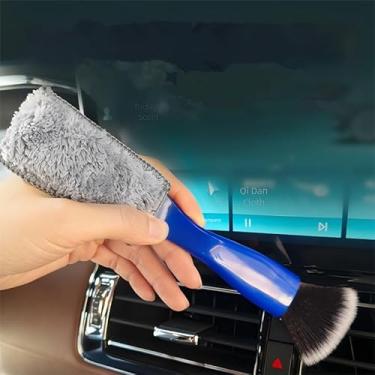 Imagem de 1 escova de cabeça dupla para interior de carro, ferramenta multifuncional de limpeza de lacunas com alça ergonômica para saídas de ar, fendas, suportes de copo, azul