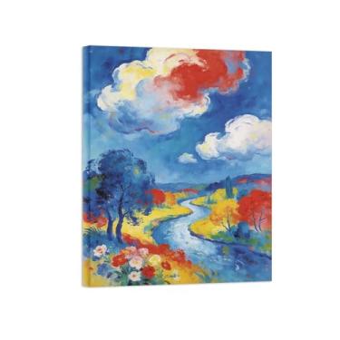 Imagem de BMZFYBS Impressão em tela de arte de parede de paisagem - nuvens árvore rio - quadros de pintura de decoração para sala de estar pronto para pendurar 40 x 50 cm 16 x 20 polegadas tela embrulhada