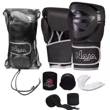 Imagem de KI Luva de Boxe e Muay Thai Black Line Naja + Bandagem + Protetor Bucal + Bandagem Extra Sortida-Unissex