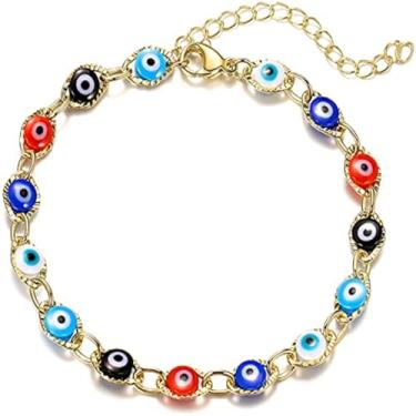 Imagem de COLORFUL BLING Lucky Turkish Blue Evil Eye Bead Bracelet Pulseira de corrente ajustável para mulheres homens Melhor Amigo Proteção Oração Boa Sorte Joia Natal Ano Novo Presente, regular, Metal, Sem