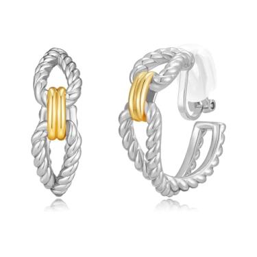 Imagem de Brincos femininos com clipe de metal misto de dois tons – argolas de nó de corda torcida de ouro e prata, brincos grossos não perfurados com almofadas macias, joias modernas e leves para presente