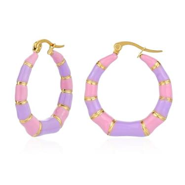 Imagem de TaYolnFaSo Brincos de argola de bambu para mulheres, banhado a ouro 18 quilates, esmaltado, joia de dois tons, presente de dia dos namorados para esposa e namorada, Aço inoxidável, Sem pedra preciosa