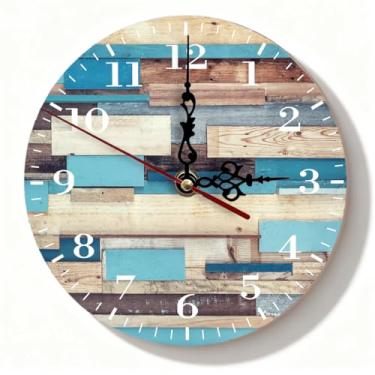 Imagem de Relógio de parede de madeira multicolorido, marrom azul-petróleo Shiplap silencioso, sem tique-taque, decoração rústica para casa de fazenda, escritório, 19 cm