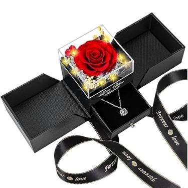 Imagem de BAISHIDA Presentes para mulheres, colar de rosas reais preservadas com coração I Love You em 100 idiomas, presentes de casamento românticos de aniversário para mulheres, sua namorada, esposa, colar de