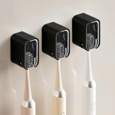 Imagem de Suportes de escova de dentes montados na parede para banheiro, suporte de escova de dentes autoadesivo forte com capa, organizador de cabeças de escova de dentes para família, 3 peças