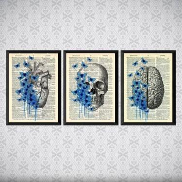 Imagem de Kit 3 Quadros Psicologia Cérebro Coração 24X18Cm Vidro Preta