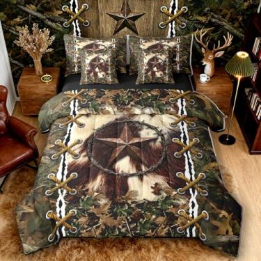 Imagem de Erosebridal Conjunto de edredom queen com lençol | Jogo de cama masculino de couro bovino estrela do oeste do Texas em uma bolsa, camuflagem rústica de animais da floresta, conjunto de cama camuflado