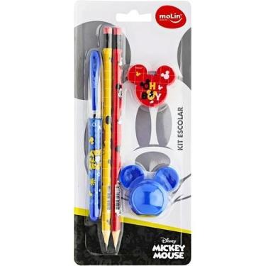 Imagem de Kit Escolar Mickey 2 Lápis Caneta Borracha Apontador Molin