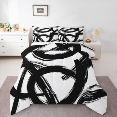 Imagem de Erosebridal Conjunto de edredom Queen abstrato preto e branco, moderno, graffiti, linha minimalista, esboço, legal, exclusivo, geométrico, inserção, pintura de tinta, colcha estética com 2 fronhas