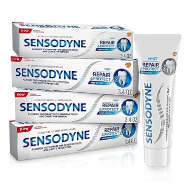 Imagem de Sensodyne Creme dental reparador e protege menta, pasta de dente para dentes sensíveis e prevenção de cáries, 100 ml (pacote com 4)