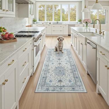 Imagem de RELEANY Tapetes de área 9,5 x 18 m, lavável, antiderrapante, floral, vintage, estampa de angústia, tapete medalhão para sala de estar, quarto, sala de jantar, azul claro, azul-marinho, bege, cinza