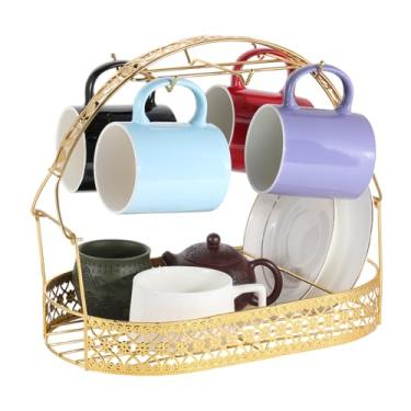 Imagem de DELORIGIN Suporte para canecas, suporte para chávenas de café, ferro, cesta de armazenamento, organizador de pratos, escorredor de canecas, cabide de secagem, suporte de copos com 6 ganchos para