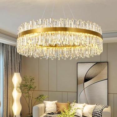 Imagem de Lustre Pendente 100cm 224 Cristais LED 3 Cores 120W Redondo Luminária 