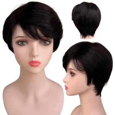Imagem de Peruca humana curta preta natural unissex com franja e lisa - LIONSWIG