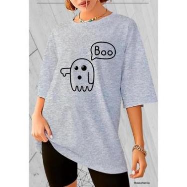 Imagem de Camiseta Oversized Feminina 100 Algodão Gola Redonda Estampa Boo Fantasma Streetwear-Feminino