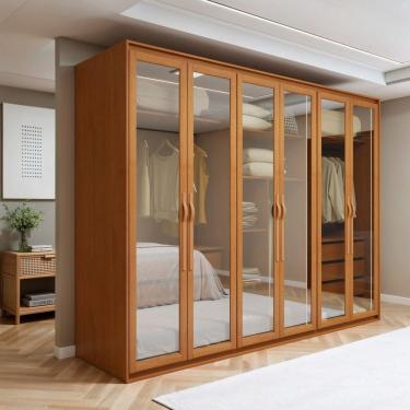 Imagem de Guarda-roupa Casal 6 Portas de Vidro 100% Mdf com Led Suavitá Glass Amêndoa Clean