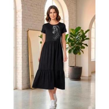 Imagem de Vestido Midi Três Marias Feminino Aveloz Estampa Cavalo Preto-Feminino