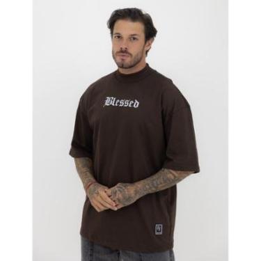 Imagem de Camiseta Oversized Gola Alta Estampa Abençoado Streetwear Algodão Premium Marrom-Masculino