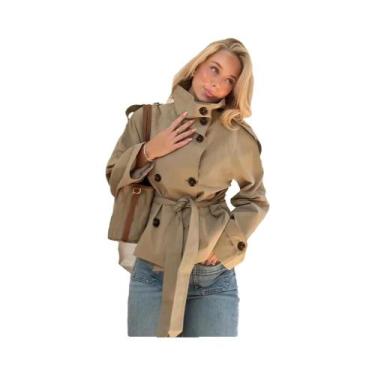 Imagem de Casaco Trench Feminino Curto Com Cinto Na Cintura, Abotoamento Duplo, 