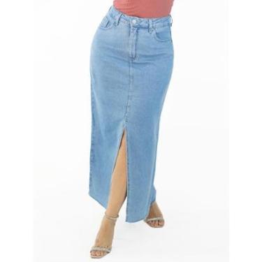 Imagem de Saia Feminina Longa Jeans Claro Barra Desfiada Cintura Alta Anticorpus-Feminino