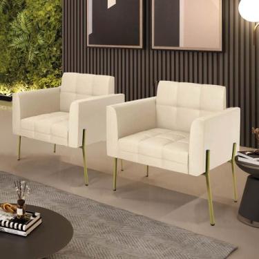 Imagem de Poltrona Sala Decorativa Kit 2 Elisa Pé Aço Lateral Dourado Sintético 