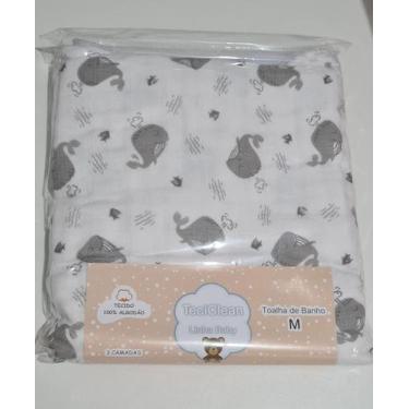 Imagem de Toalha de Banho Bebê Soft M - Teciclean Baby, Branco/Cinza_Baleia