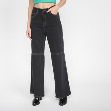 Imagem de Calça Jeans Pantalona Dzarm Cintura Alta Feminina, Preto, 40