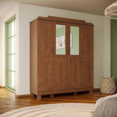 Imagem de Guarda-roupa 4 Portas com Espelho Estrutura em Madeira Cobre Castanho
