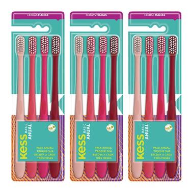 Imagem de Kit Escova de Dente Kess Basic Cerdas Macias Nylon Design Ergonômico Rosa com 12 Unidades