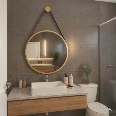Imagem de Espelho Redondo Decorativo Suspenso Com Alça 50cm + Suporte Dourado Al