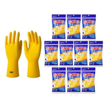 Imagem de Kit 10 Luvas Látex Limpeza Amarela Multiuso Top Tam M Sanro