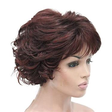 Imagem de Perucas femininas de cabelo sintético curto encaracolado castanho-escuro peruca feminina grossa para perucas de cabelo humano diário (cor: 33H350, comprimento esticado: 20,32 cm)