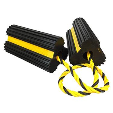 Imagem de HOXWELL Calços de roda dupla de borracha resistente, rolhas antiderrapantes para trailers com fita refletiva amarela de corda de nylon, bloco de roda para trailers de viagem, aeronaves, carro,