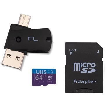 Imagem de Kit Multilaser MC152 4 em 1: Cartão De Memória Ultra High Speed-I + Adaptador USB Dual Drive + Adaptador SD 64GB