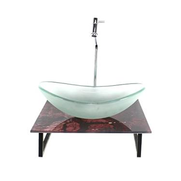 Imagem de KIT CUBA DE VIDRO OVAL 10MM JATEADA COM TAMPO DE VIDRO 40CM X 40CM MÁRMORE AVERMELHADO E SUPORTE TORNEIRA VALVULA