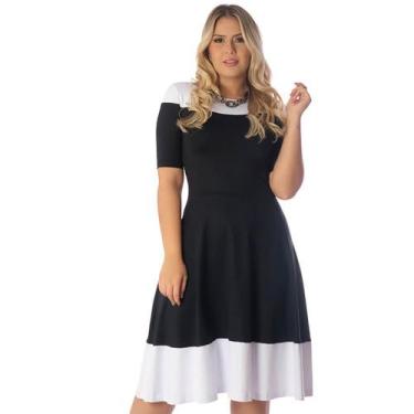 Imagem de Vestido Duas Cores Na Horizontal Ficalinda Preto E Branco Meia Manga C