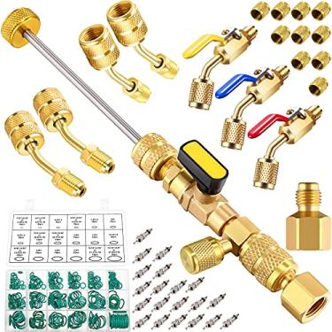 Imagem de Mudder Kits de remoção de núcleo de válvula R410A, 7 válvulas esféricas compactas anguladas de ar condicionado com portas SAE 1/4 e 5/16 R410 R32 adaptador de latão 20 núcleos de válvula, 10 porca de latão 270 arruelas de vedação