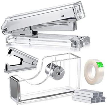 Imagem de Dispensador de fita acrílica prateada, grampeador de mesa, material de escritório de acrílico inclui removedor de grampo, fita, kit de acessórios de mesa com 1000 peças, lindo conjunto de grampeador