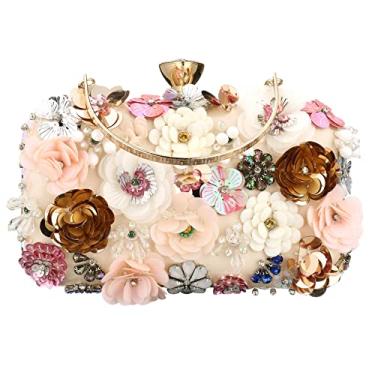 Imagem de Rkrouco Bolsa clutch feminina floral para noite - Bolsa de mão de flor colorida com strass de metal, Champanhe 2